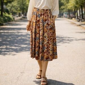 Koret Maxi Skirt  Brown and Cream Sz 12 Pleated Vintage Floral Print Lightweight